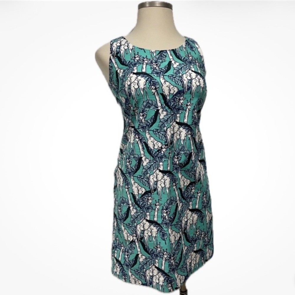 Talbots Teal Blue Giraffe Palm Leaf Print Sleeveless Shift Dress Tie Back 4P